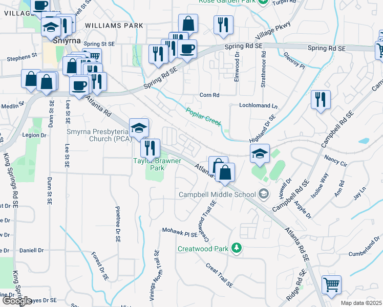 map of restaurants, bars, coffee shops, grocery stores, and more near 104 Vinings Forest Circle Southeast in Smyrna