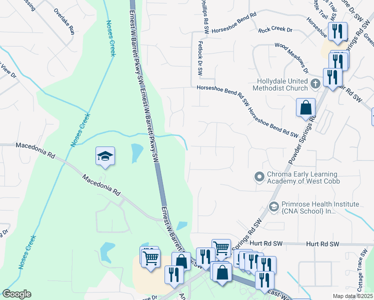 map of restaurants, bars, coffee shops, grocery stores, and more near 2698 Foxglove Drive Southwest in Marietta