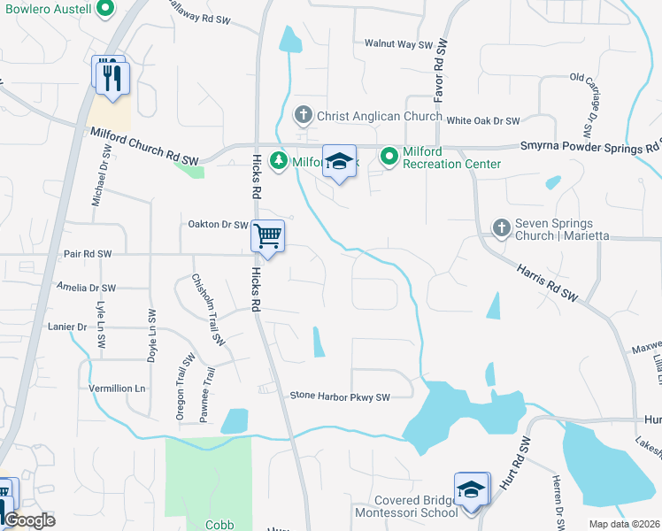 map of restaurants, bars, coffee shops, grocery stores, and more near 868 Grindstone Drive Southwest in Marietta