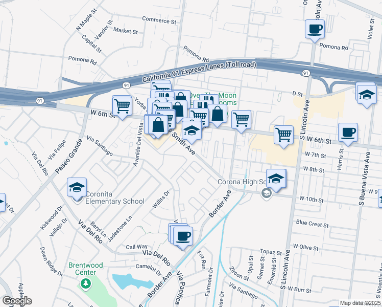 map of restaurants, bars, coffee shops, grocery stores, and more near 790 South Smith Avenue in Corona