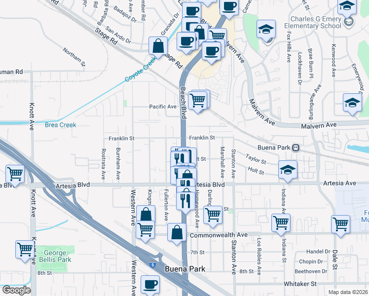 map of restaurants, bars, coffee shops, grocery stores, and more near Beach Boulevard in Buena Park