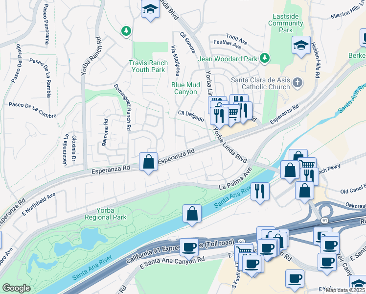 map of restaurants, bars, coffee shops, grocery stores, and more near 6095 Calle Entrada in Yorba Linda