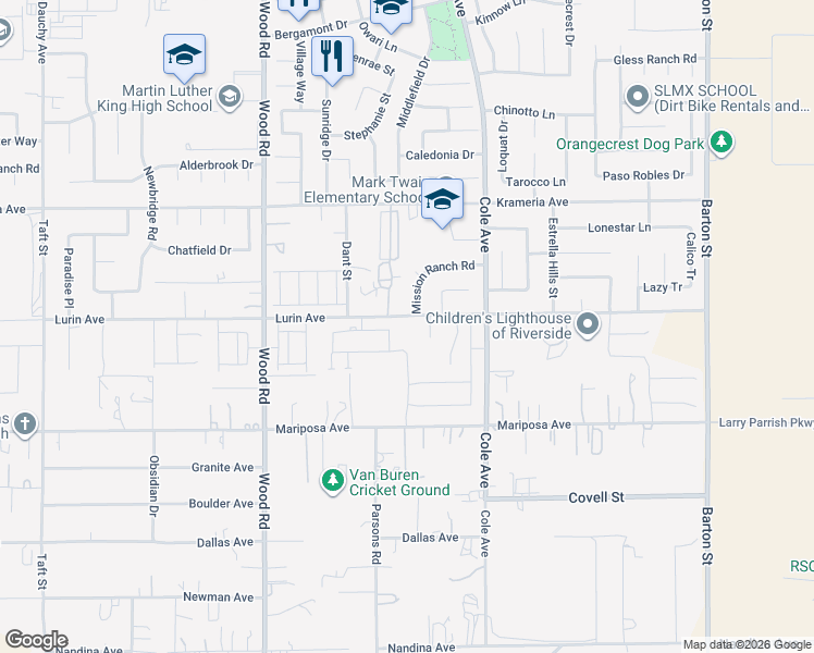 map of restaurants, bars, coffee shops, grocery stores, and more near 19331 Lurin Avenue in Riverside