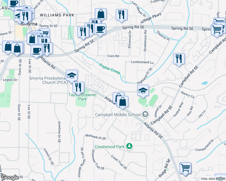 map of restaurants, bars, coffee shops, grocery stores, and more near 1108 Creatwood Circle in Smyrna