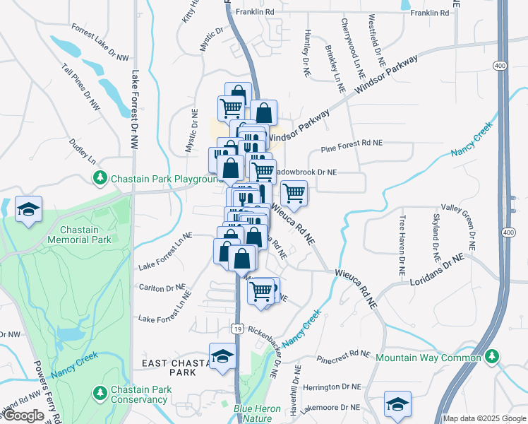 map of restaurants, bars, coffee shops, grocery stores, and more near 225 West Wieuca Road Northeast in Atlanta