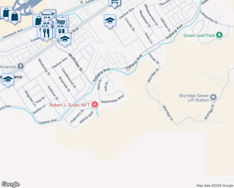 map of restaurants, bars, coffee shops, grocery stores, and more near 12996 August Circle in Riverside