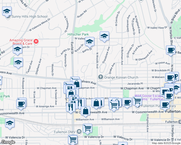 map of restaurants, bars, coffee shops, grocery stores, and more near 633 Lemon Hill Terrace in Fullerton