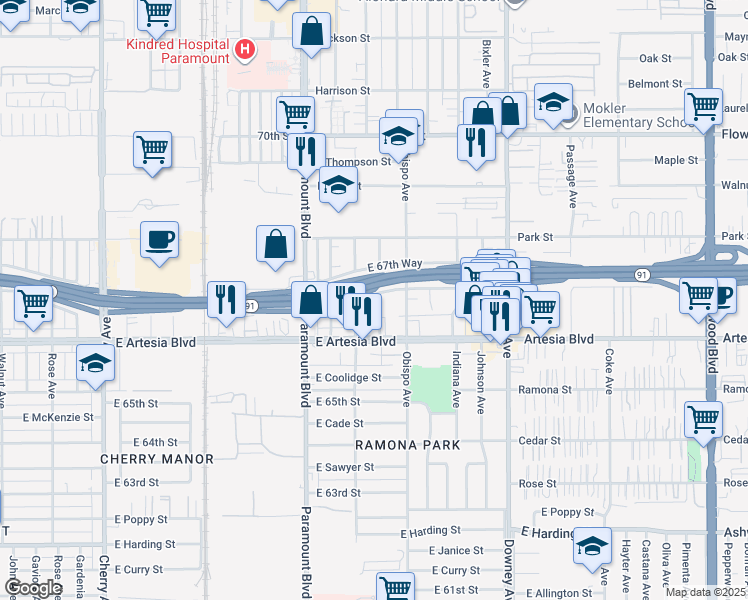 map of restaurants, bars, coffee shops, grocery stores, and more near 6673 Hammond Ave in Long Beach