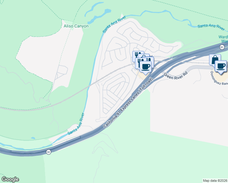 map of restaurants, bars, coffee shops, grocery stores, and more near 4901 Green River Road in Corona