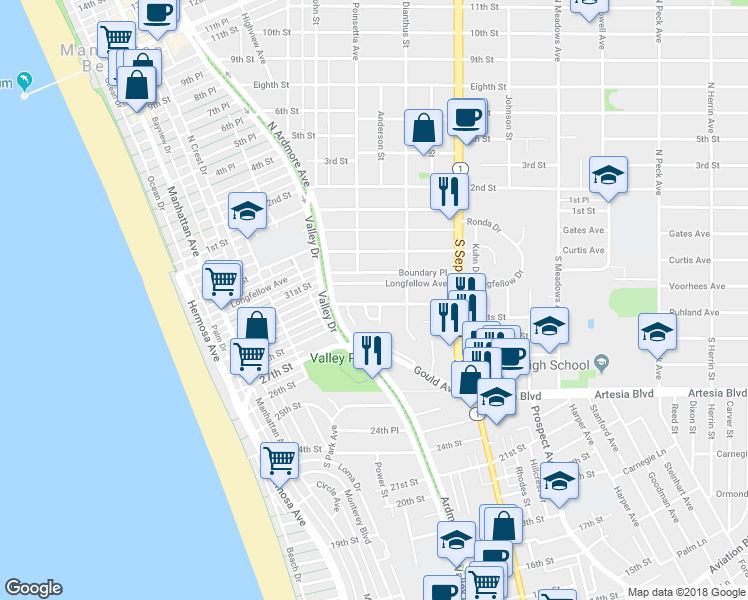 map of restaurants, bars, coffee shops, grocery stores, and more near 643 30th Street in Hermosa Beach