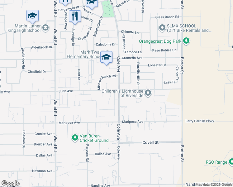 map of restaurants, bars, coffee shops, grocery stores, and more near 16820 Cole Avenue in Riverside