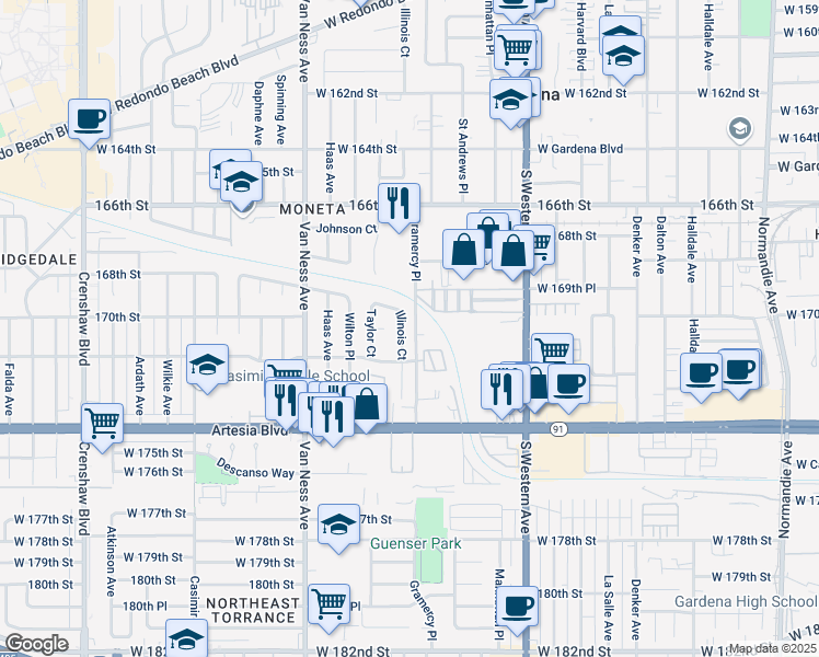 map of restaurants, bars, coffee shops, grocery stores, and more near 17010 Illinois Court in Torrance