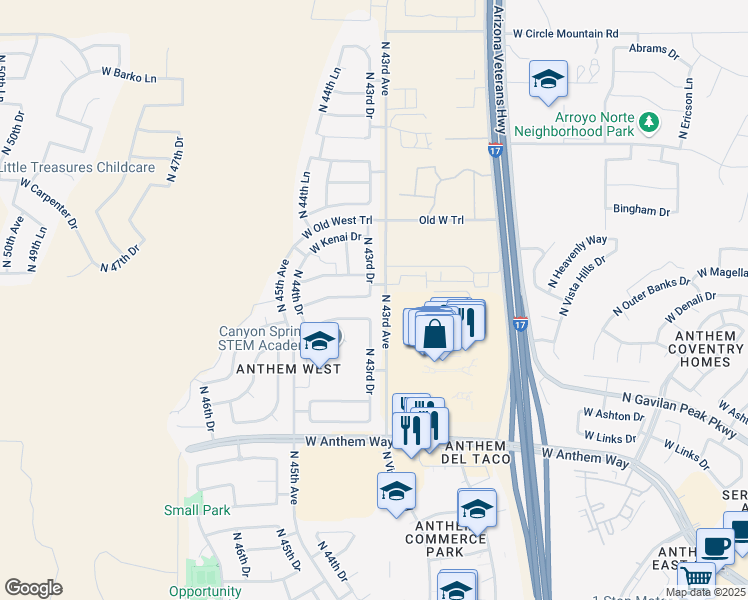 map of restaurants, bars, coffee shops, grocery stores, and more near 43115 North 43rd Drive in New River