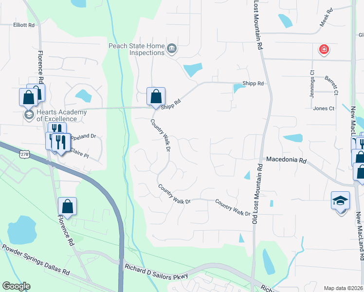 map of restaurants, bars, coffee shops, grocery stores, and more near 4782 Deer Chase in Powder Springs