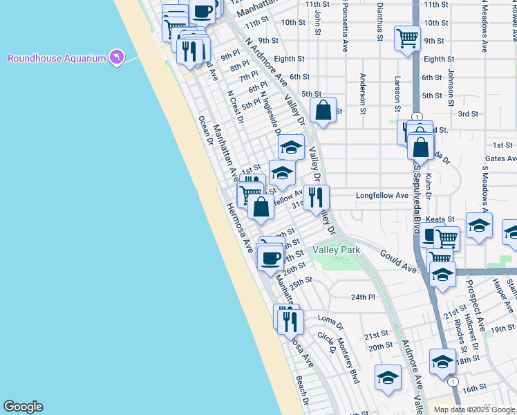 map of restaurants, bars, coffee shops, grocery stores, and more near 229 Longfellow Avenue in Hermosa Beach