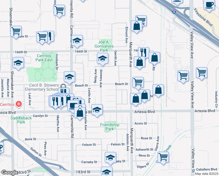 map of restaurants, bars, coffee shops, grocery stores, and more near 13635 Palm Street in Cerritos