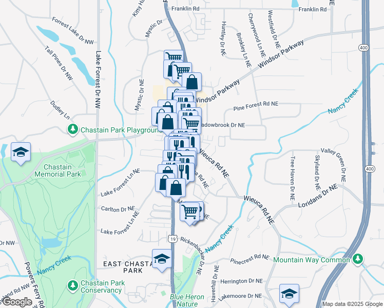 map of restaurants, bars, coffee shops, grocery stores, and more near 225 West Wieuca Road Northeast in Atlanta