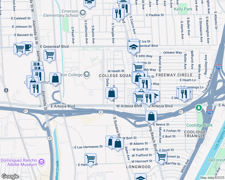map of restaurants, bars, coffee shops, grocery stores, and more near 6703 Harbor Avenue in Long Beach