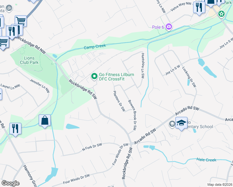 map of restaurants, bars, coffee shops, grocery stores, and more near 30 Planters Drive Southwest in Lilburn