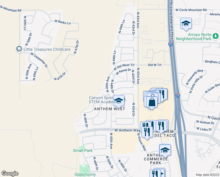 map of restaurants, bars, coffee shops, grocery stores, and more near 43110 North 44th Drive in Phoenix