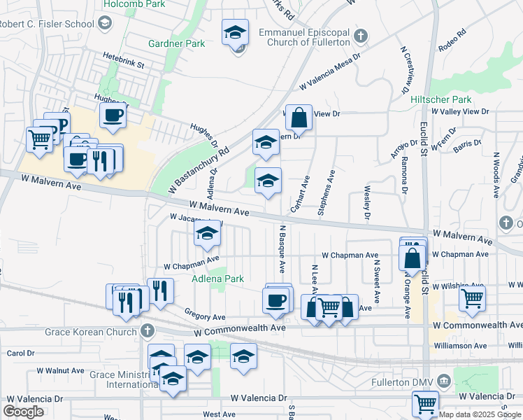 map of restaurants, bars, coffee shops, grocery stores, and more near 1637 West Malvern Avenue in Fullerton