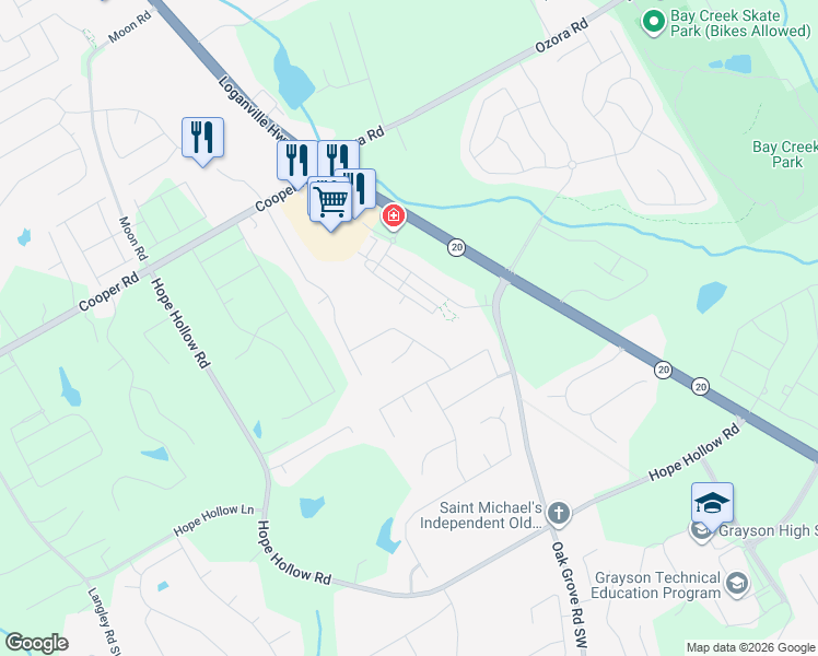 map of restaurants, bars, coffee shops, grocery stores, and more near 145 Graymist Lane Southwest in Loganville