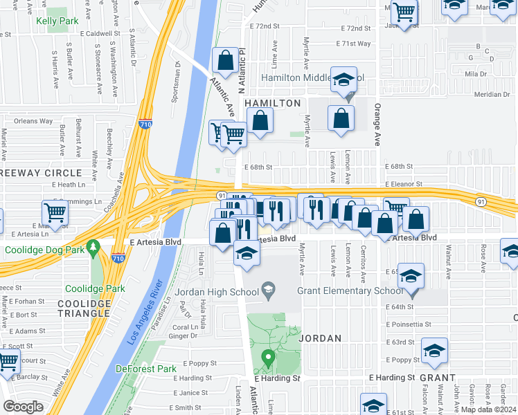 map of restaurants, bars, coffee shops, grocery stores, and more near 670 East 67th Street in Long Beach
