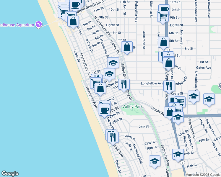 map of restaurants, bars, coffee shops, grocery stores, and more near 357 31st Street in Hermosa Beach