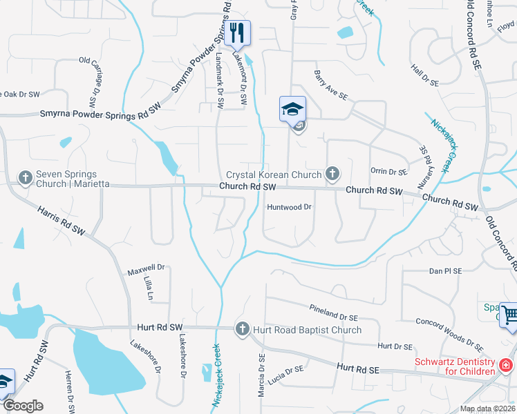 map of restaurants, bars, coffee shops, grocery stores, and more near 3194 Foxwood Trail Southeast in Smyrna