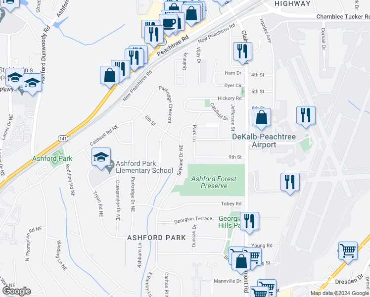 map of restaurants, bars, coffee shops, grocery stores, and more near 3039 Skyland Drive Northeast in Chamblee