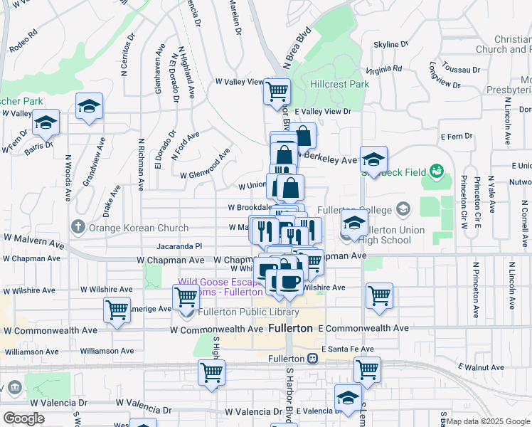 map of restaurants, bars, coffee shops, grocery stores, and more near 128 West Brookdale Place in Fullerton
