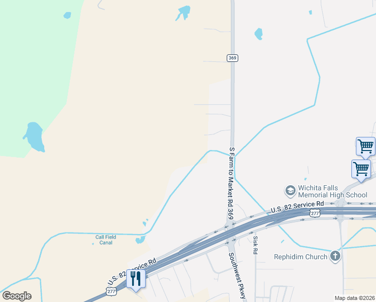 map of restaurants, bars, coffee shops, grocery stores, and more near 3950 South Farm to Market Road 369 in Wichita Falls