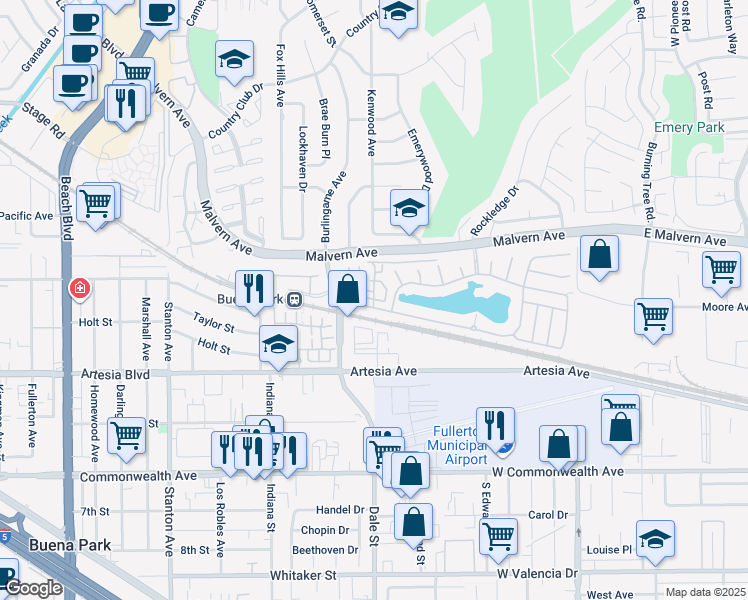 map of restaurants, bars, coffee shops, grocery stores, and more near Windward Way in Buena Park