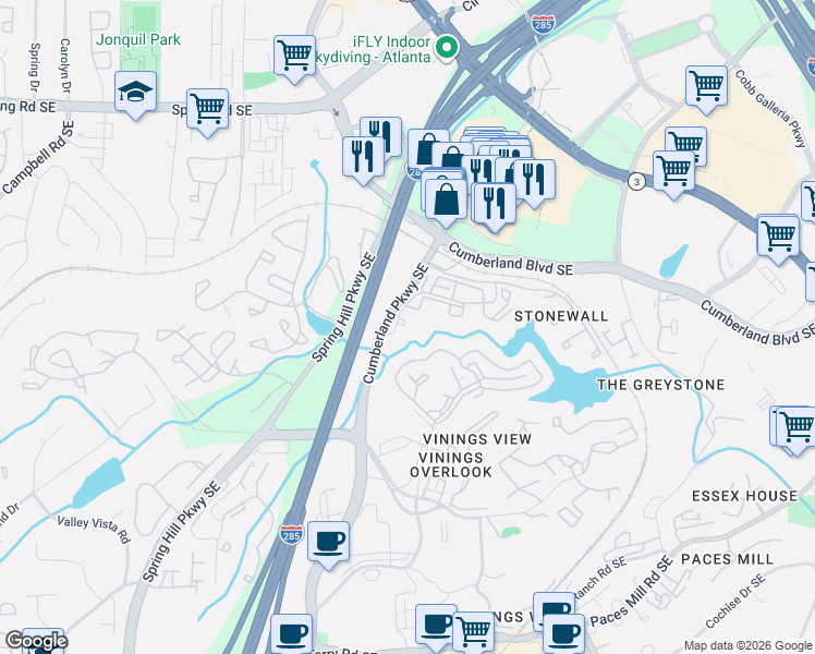 map of restaurants, bars, coffee shops, grocery stores, and more near 50 Adams Lake Boulevard Southeast in Atlanta
