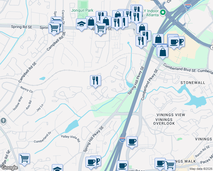 map of restaurants, bars, coffee shops, grocery stores, and more near 602 Cumberland Court in Smyrna