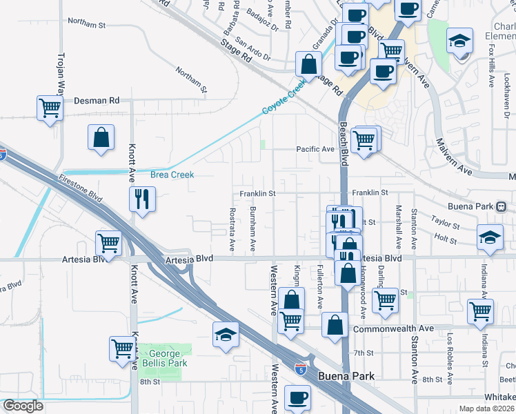 map of restaurants, bars, coffee shops, grocery stores, and more near 5794 Burnham Avenue in Buena Park