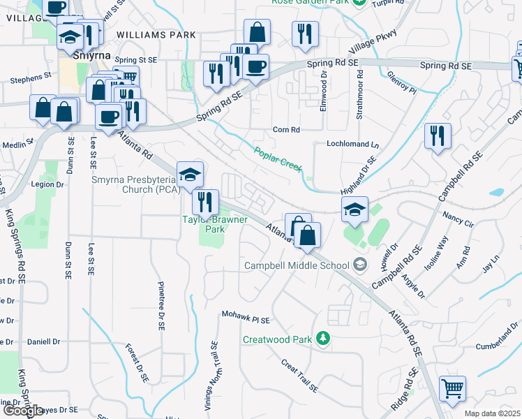 map of restaurants, bars, coffee shops, grocery stores, and more near 108 Vinings Forest Circle Southeast in Smyrna