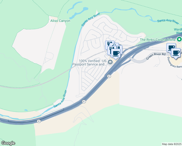 map of restaurants, bars, coffee shops, grocery stores, and more near in Corona