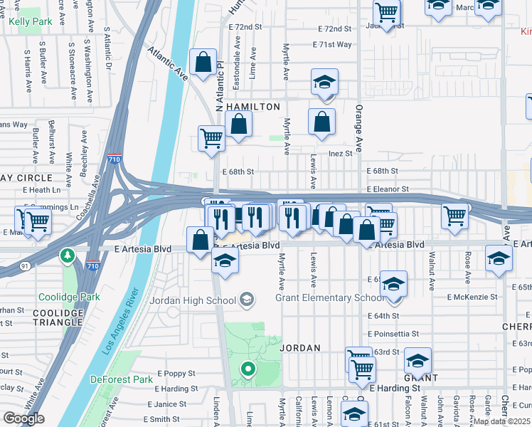 map of restaurants, bars, coffee shops, grocery stores, and more near 6681 Olive Avenue in Long Beach