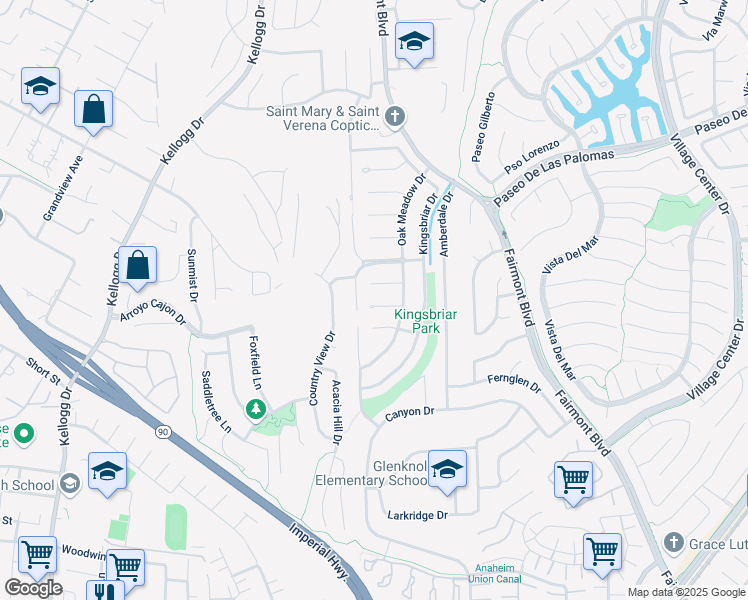 map of restaurants, bars, coffee shops, grocery stores, and more near 19681 Lancewood Plaza in Yorba Linda