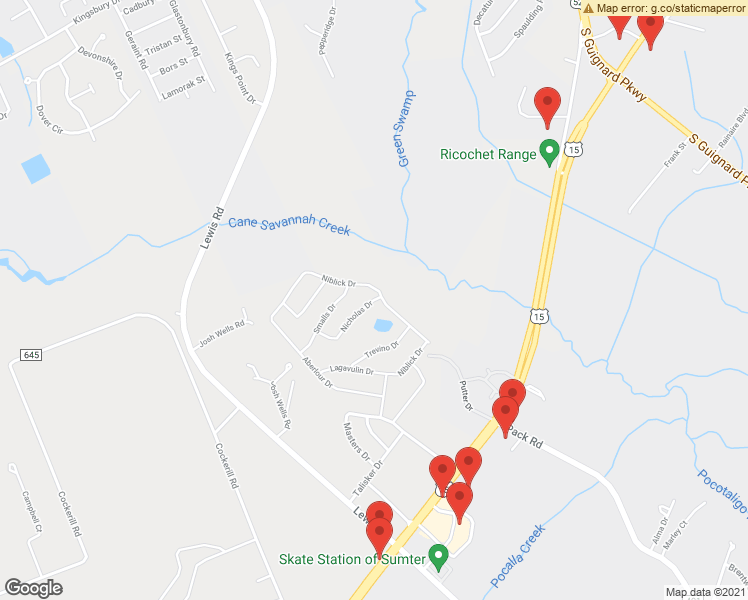 map of restaurants, bars, coffee shops, grocery stores, and more near Nicholas Drive in Sumter
