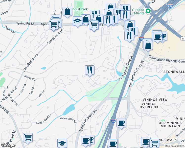 map of restaurants, bars, coffee shops, grocery stores, and more near 1209 Cumberland Court Southeast in Smyrna
