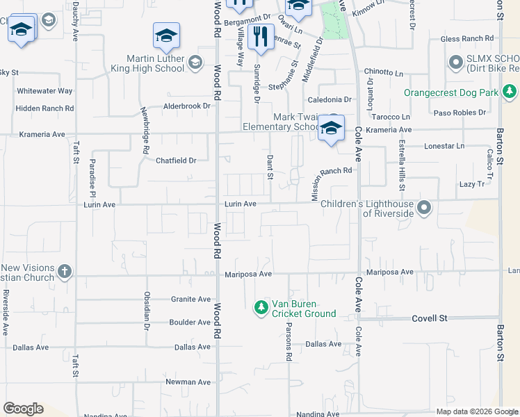 map of restaurants, bars, coffee shops, grocery stores, and more near 16725 Dant Street in Riverside