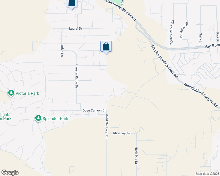 map of restaurants, bars, coffee shops, grocery stores, and more near 14499 Quailridge Drive in Riverside