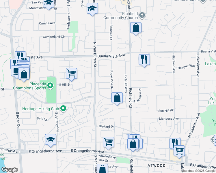 map of restaurants, bars, coffee shops, grocery stores, and more near 17395 Golden Maple Lane in Yorba Linda