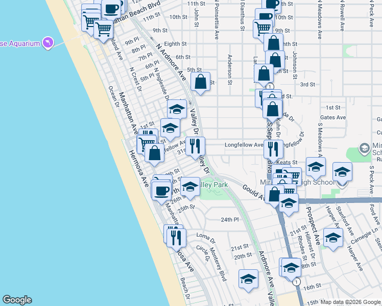 map of restaurants, bars, coffee shops, grocery stores, and more near 451 30th Street in Hermosa Beach