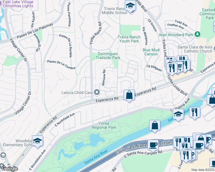 map of restaurants, bars, coffee shops, grocery stores, and more near 5856 Vía Romero in Yorba Linda