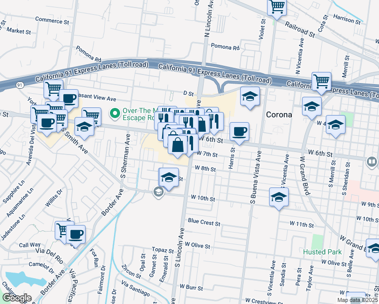 map of restaurants, bars, coffee shops, grocery stores, and more near 730 South Lincoln Avenue in Corona