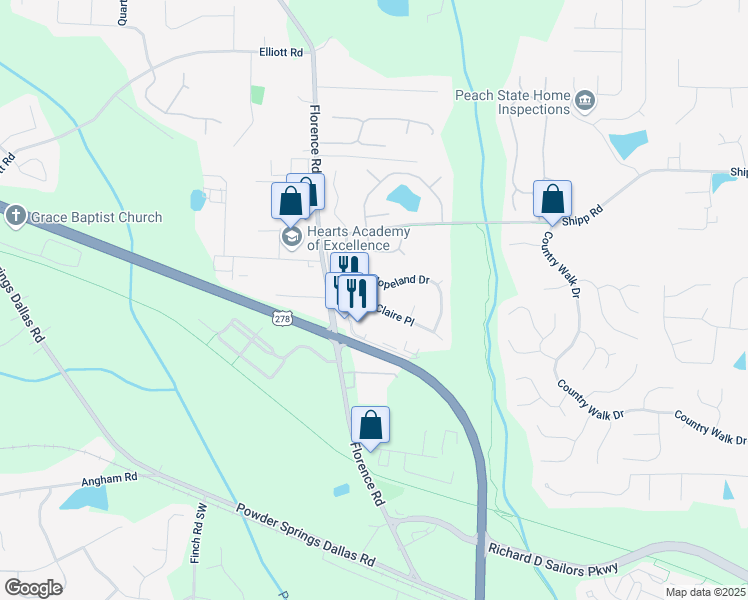 map of restaurants, bars, coffee shops, grocery stores, and more near 5181 Saint Claire Place in Powder Springs