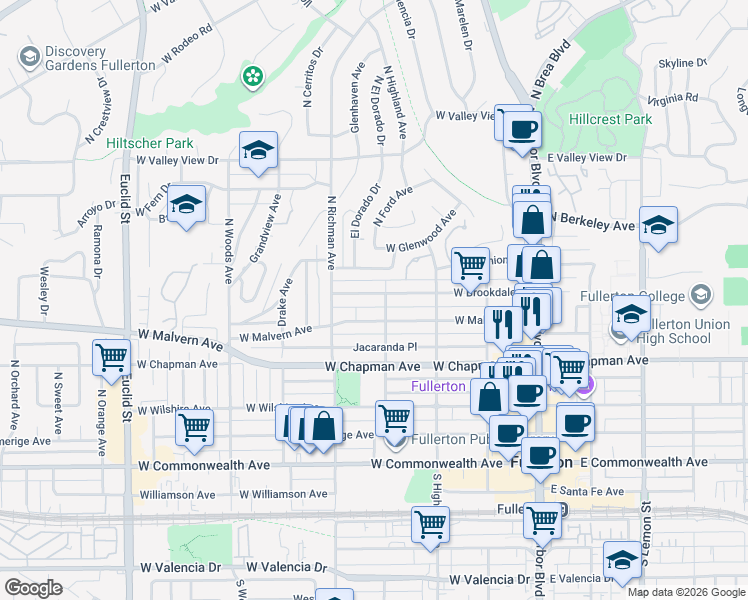 map of restaurants, bars, coffee shops, grocery stores, and more near 408 West Brookdale Place in Fullerton